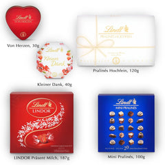 Zestaw upominkowy Lindt Czekoladowe Praliny | 477g | 5 pudełek pralinek Lindt w wariantach: Exquisite, Mini Praline, LINDOR Gift, Małe Podziękowanie, Od Serca | Prezent pralinowy | Czekoladowy prezent
