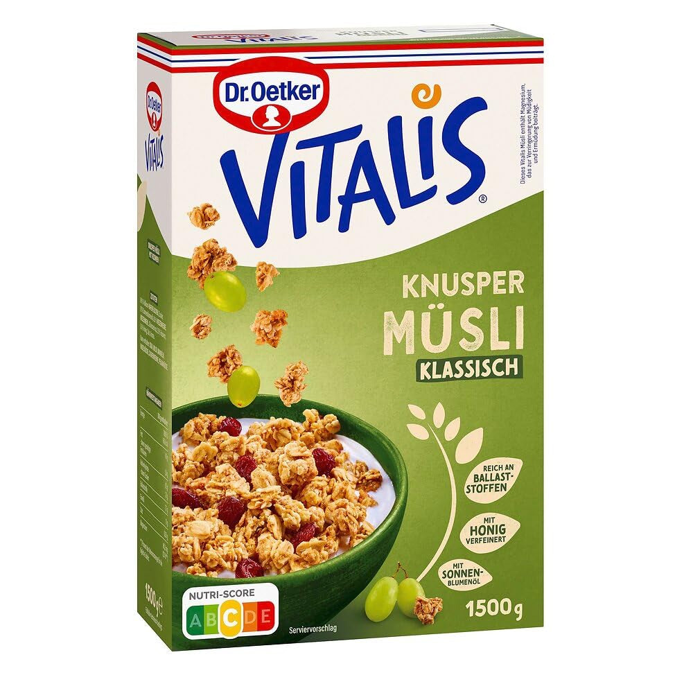 Dr. Oetker Vitalis Classic Crispy Muesli: Duże opakowanie chrupiącego musli śniadaniowego z rodzynkami, 1 opakowanie, 1,5 kg