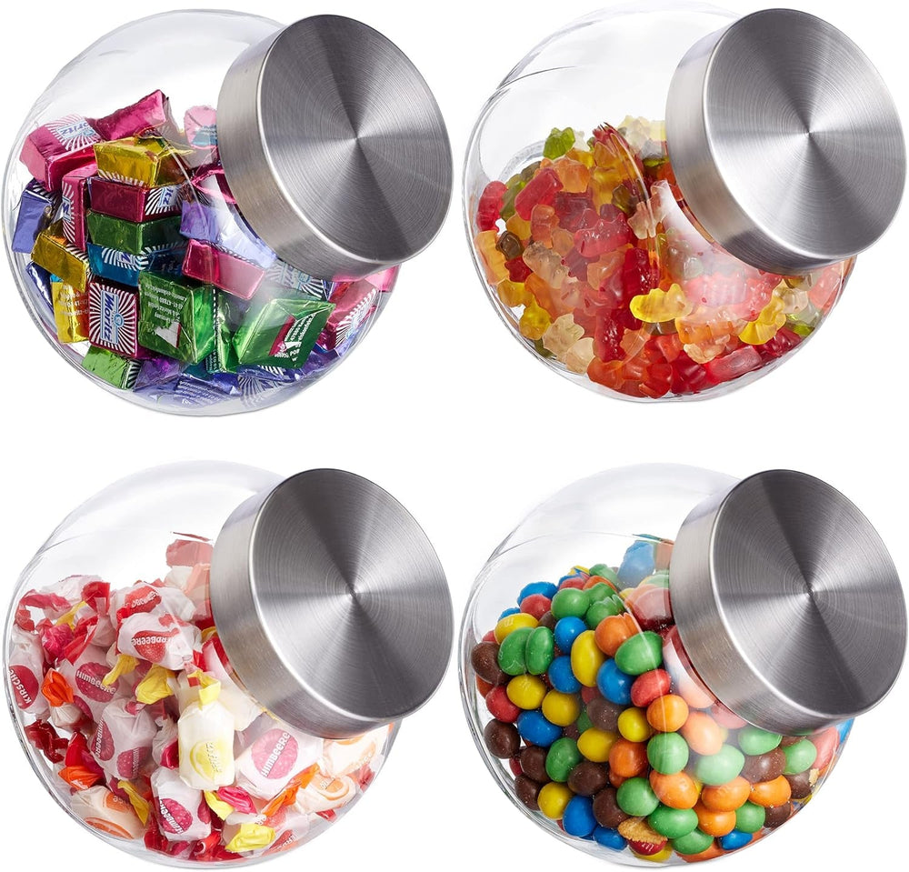 Borcane de bomboane Relaxdays, set de 4, 1,5 l, borcane de depozitare pentru dulciuri, alimente, bar de bomboane, capac din oțel inoxidabil, clar, transparent argintiu Cutii depozitare alimente Naty Shop 4