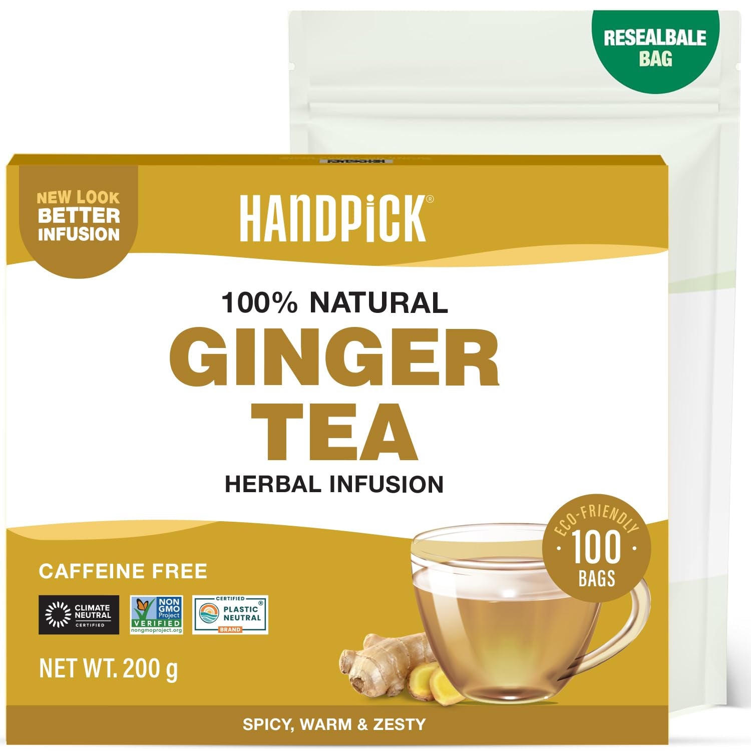 HANDPICK, pliculețe de ceai verde (100 pliculețe) Fără gluten și ceai verde pur | Pliculețe rotunde de ceai verde, fără adeziv, fără înălbitor, fără sfori | Ceai fierbinte/Kombucha sau infuzat la rece | Ceai verde