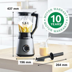 Bosch Standmixer Vitapower Serie 4 MMB6172SN, Verbesserte Version, 10 Jahre Motorgarantie, Edelstahl-Klingen, 1,5L Glasbehälter, Spülmaschinenfeste Teile, 30,000 U/Min, 1200 W, Silber Bucatarie Naty Shop