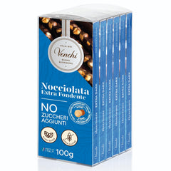 Venchi – Pachet de 6 batoane de ciocolată neagră cu alune de pădure, 600g – Fără zahăr adăugat – Fără îndulcitori artificiali – Fără gluten – Vegan – Idee de cadou