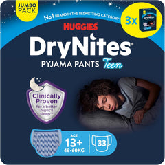 Huggies DryNites Pieluszki do moczenia nocnego, chłopcy 13-około 17 lat (48-60kg), 33 sztuki (3x11), duże opakowanie miesięczne, majtki XL