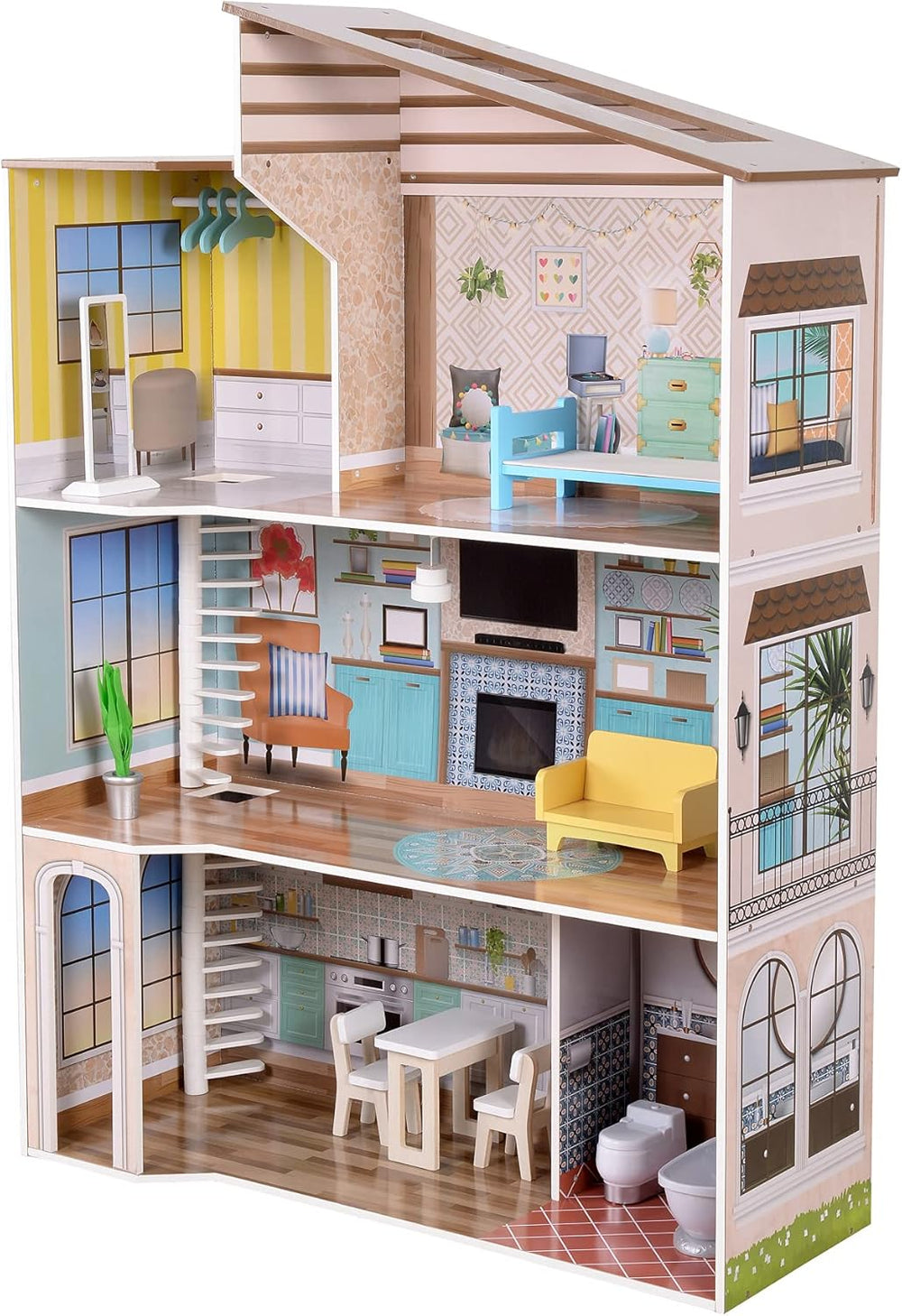 Olivia's Little World, casă de păpuși interactivă din lemn pentru copii, stil mediteranean contemporan, cu 3 etaje, cu 17 accesorii pentru mobilier de păpuși, multicoloră, TD-13551B