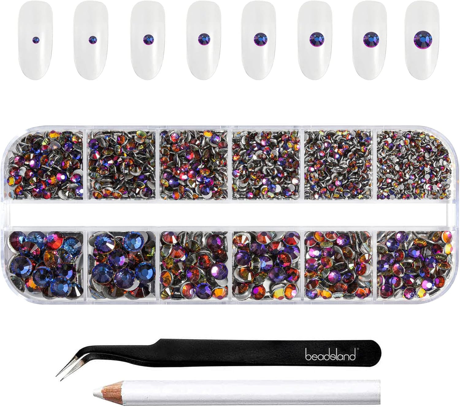 Beadsland 2500Pcs Glas Nailart Strasssteine Kristall Flatback Edelsteine Runde, Für Handwerk Gemischt 8 Größen SS4 ~ SS30 Mit Picking Pinzette Und Stift (Kristall Weiss)