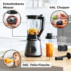Mikser stojący Bosch Vitapower Serie 4 MMB6177S, Edelstahl-Klingen Made in Germany, 1,5 l Thermosafe Glasbehälter, 0,6 l To-Go-Flasche, Stopfer, Universalzerkleinerer, 30 000 U/Min, 1200 W, Silver Kitchen Naty Shop