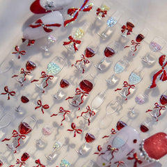 JMEOWIO 3D Nagelsticker Roter Kelch Mit Schleife Nail Art Sticker Selbstklebend Nagelaufkleber 5D Stereoskopisch Dekoration Nageldesign Zubehör 1 Blatt