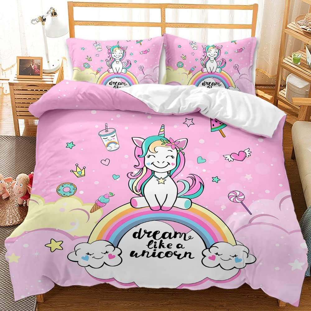 Lenjerie de pat pentru fetite, Unicorn, 2 fețe de pernă Lenjerie de pat - copii Naty Shop Unicorn Roz (model 1) 135×200 Cm