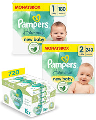 Zestaw pieluszek Harmonie Aqua Rozmiar 1 (2-5 kg, 180 szt.), Rozmiar 2 (4-8 kg, 240 szt.), Half Moon Box i chusteczki Aqua Baby, 720 chusteczek (15 x 48), Zestaw startowy dla niemowląt