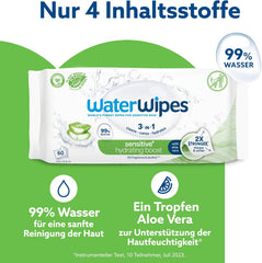 WaterWipes Sensitive+ Hydrating Boost Chusteczki nawilżane, Chusteczki nawilżające, 360 sztuk (6 szt.), 3 w 1 Czyszczenie, pielęgnacja, nawilżanie, 99% wody z aloesu, bezzapachowe chusteczki dla dzieci