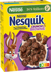 Nestlé NESQUIK Crunchy Brownie, chrupiące płatki śniadaniowe z kawałkami czekolady i innowacyjnym kształtem zapewniającym dodatkową chrupkość, opakowanie 7 szt. (7 x 300 g)