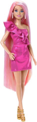 Barbie Totally Hair - Păpușă cu păr curcubeu extra lung, ușor de coafat și 10 accesorii de modă și styling, rochie cu buline și blocuri de culoare, pentru copii cu vârsta de 3 ani și peste, HKT96