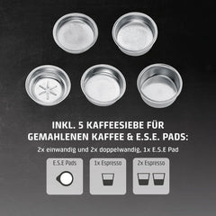 CASO EspressoGourmet Crema - Espressor portafiltru cu spumator de lapte, espresso, cappuccino, portafiltru din oțel inoxidabil, pompă ULKA 20 bar, aparat de cafea, cafea măcinată, capsule ESE