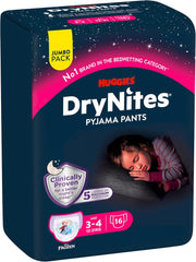Huggies DryNites Super chłonne pieluszki na noc dla dziewczynek 3–4 lata (12–21 kg) 4 x 16 szt. (łącznie 64 szt.) Miesięczny zestaw majtek