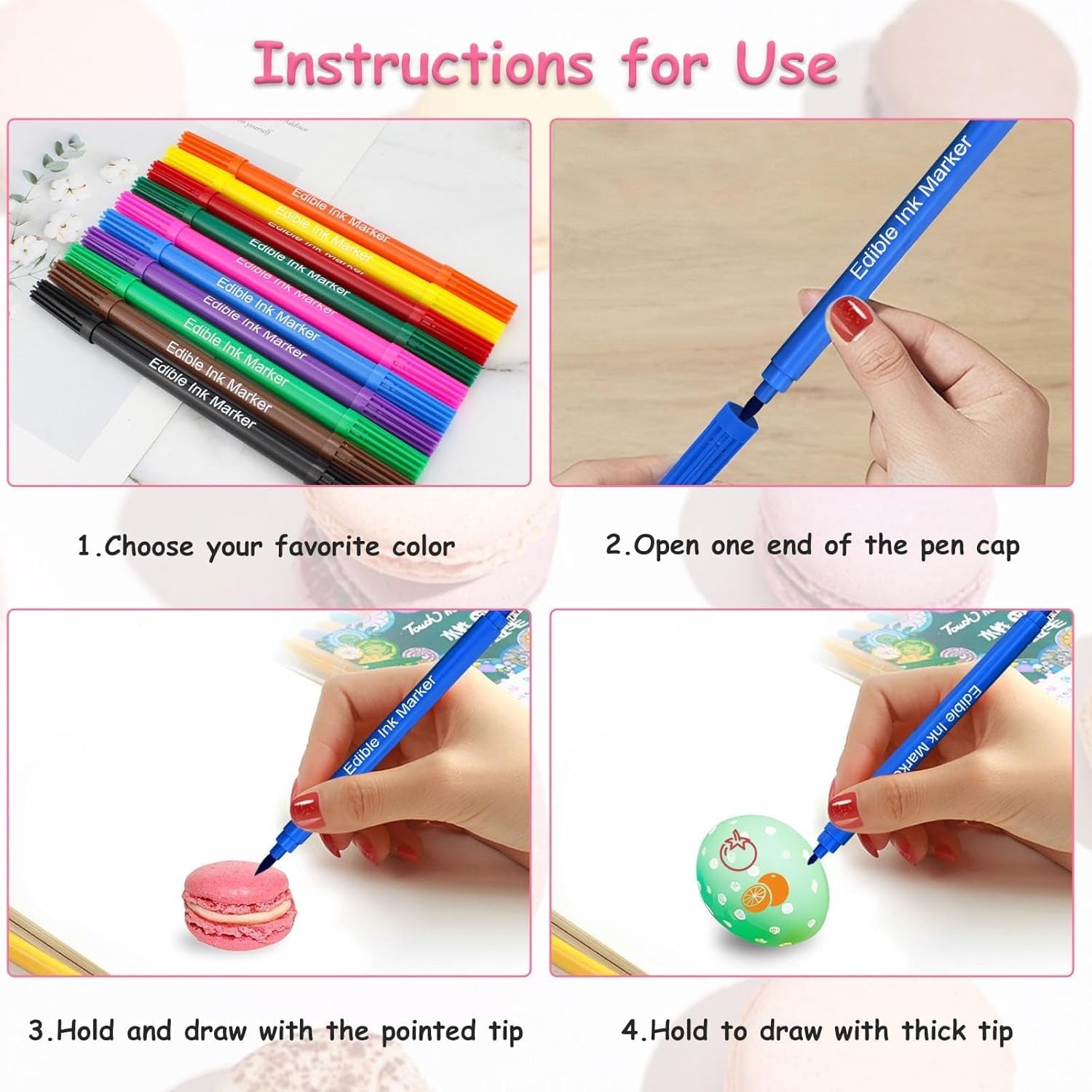 10 culori coloranți alimentari comestibili, markere alimentare cu două fețe cu vârf fin și lat, pixuri pentru glazură pentru prăjituri, fondant, fursecuri, ouă de Paște, macaroane, copt cu copii