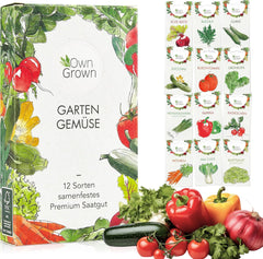 Zestaw nasion warzyw OwnGrown - 12 Pflanzensemen Sorten für Hochbeet und Garten - Praktische Box mit Gemüsesamen für den Anbau Frischer Ernte zu Hause - Ideal für Gartenliebhaber