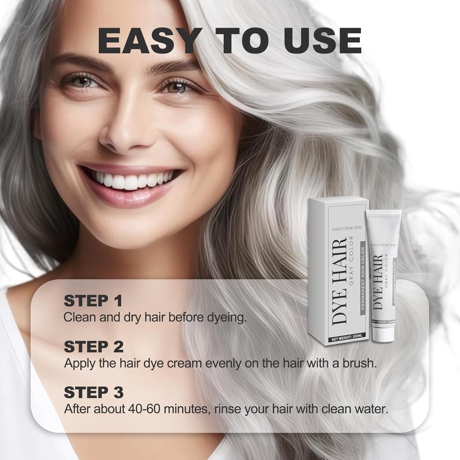 Vopsea de păr Grey Silver Vopsea de păr Silver Grey Vopsea de păr Silver Natural Unisex Vopsea de păr Light Gray Silver Color Cream pentru toate tipurile de păr(100ml) Vopsea pentru par Naty Shop