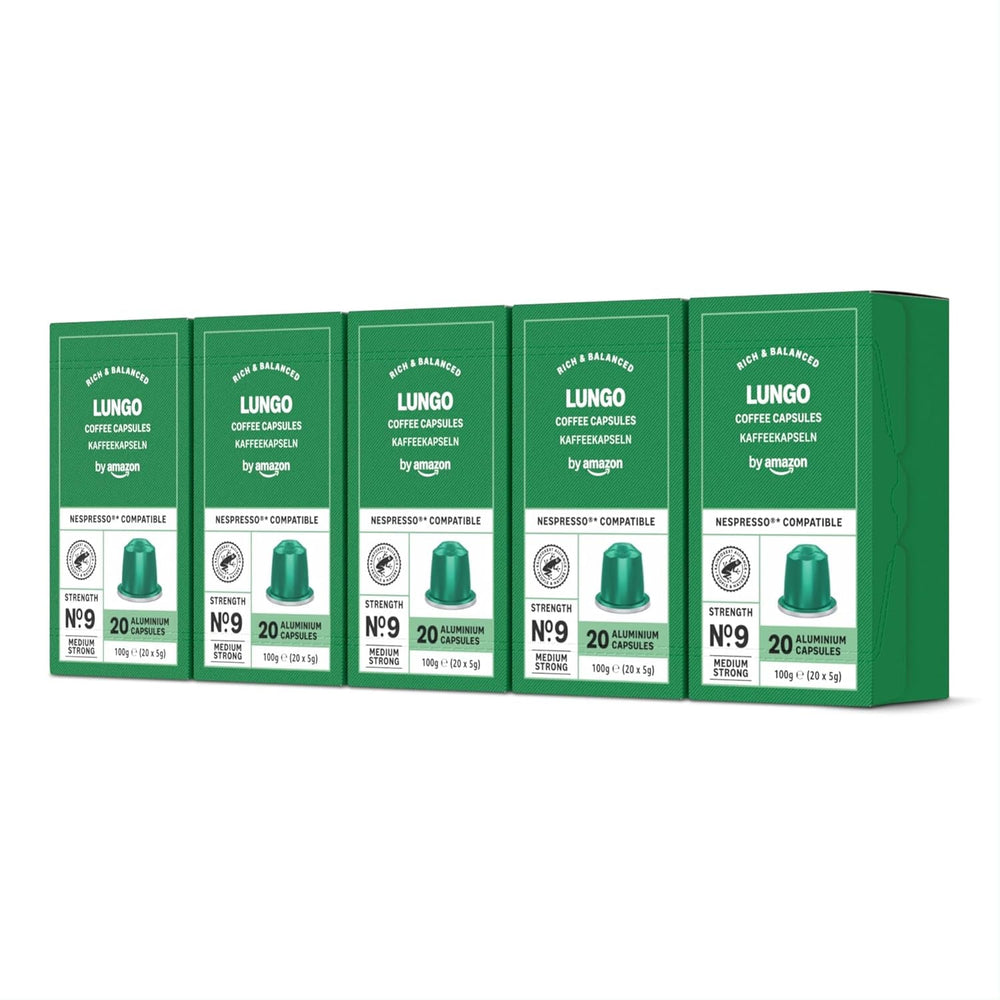 by Amazon Lungo Aluminium-Kaffeekapseln, kompatibel mit Nespresso, mittelgeröstet, 100 Stück (5 Packungen mit je 20 Stück) – Rainforest Alliance zertifiziert