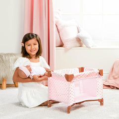 LullaBaby - Baby Puppen Laufstall - Faltbarer Puppen Laufstall in Rosa - Goldener Stern - Druckdesign - 36 cm Baby Puppe Kinderzimmer Zubehör - Vorgetäuschtes Spiel - Spielzeug für Kinder ab 2 Jahren