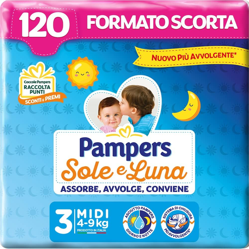 Pieluszki Pampers Sun i Moon Midi, rozmiar 3 (4-9 kg), 120 pieluszek