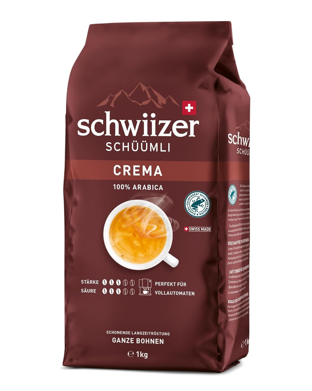 Schwiizer Schüümli Crema, boabe de cafea 100% Arabica, aromate și corpolente, ideale pentru espressoare automate, tărie 3/5, prăjire medie, Rainforest Alliance, 1kg