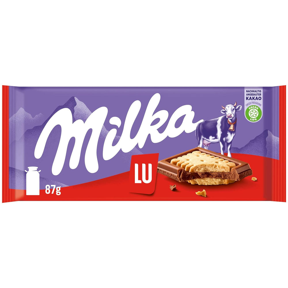 Milka LU – Alpejska czekolada mleczna z chrupiącymi ciasteczkami LU – 87g