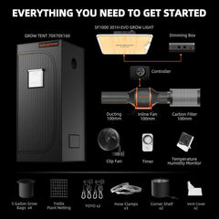 Spider Farmer SF1000 Pełne spektrum ściemnianego światła LED do uprawy, dioda Samsung LM301H EVO, zestaw namiotu do pełnej uprawy 70x70x160 cm, zestaw namiotu do uprawy hydroponicznej, system wentylacji