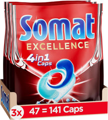 Somat Excellence 4In1 Caps (141 Caps), File pentru mașina de spălat vase cu dizolvare rapidă Detergenti Bucatarie Naty Shop 141 capsule Proaspat