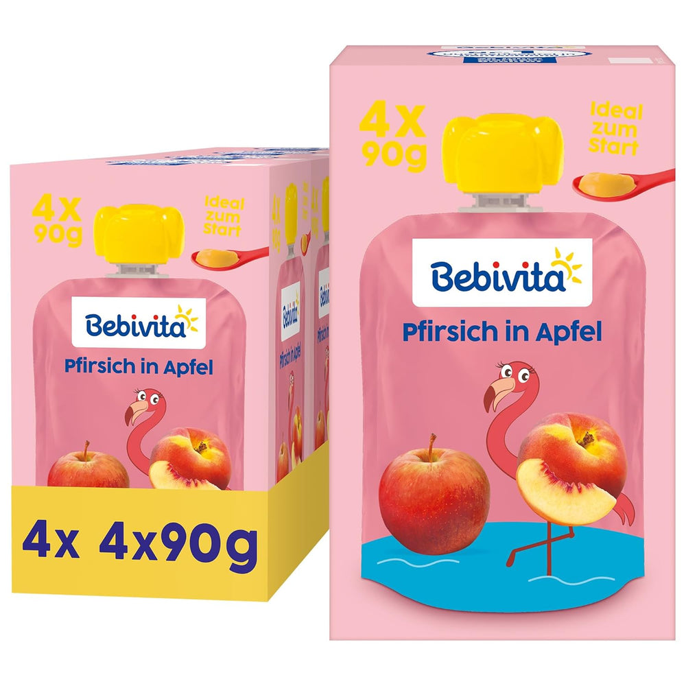 Woreczki do wyciskania Peach Apple - 16 opakowań (4 opakowania po 4 x 90 g każde), bez dodatku cukru, bezglutenowe, wegańskie, idealne dla dzieci od 5. miesiąca życia, idealne na wynos