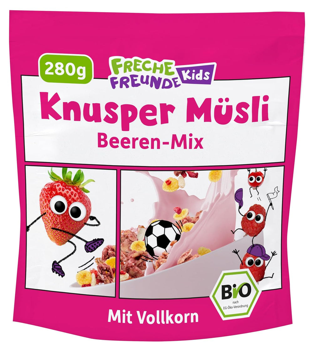 FRECHE FREUNDE Organiczne musli śniadaniowe Edda's Berry Crunchy Musli Mix dla dzieci w wieku szkolnym z liofilizowanymi truskawkami Wegańskie 6 opakowań (6 x 280g)