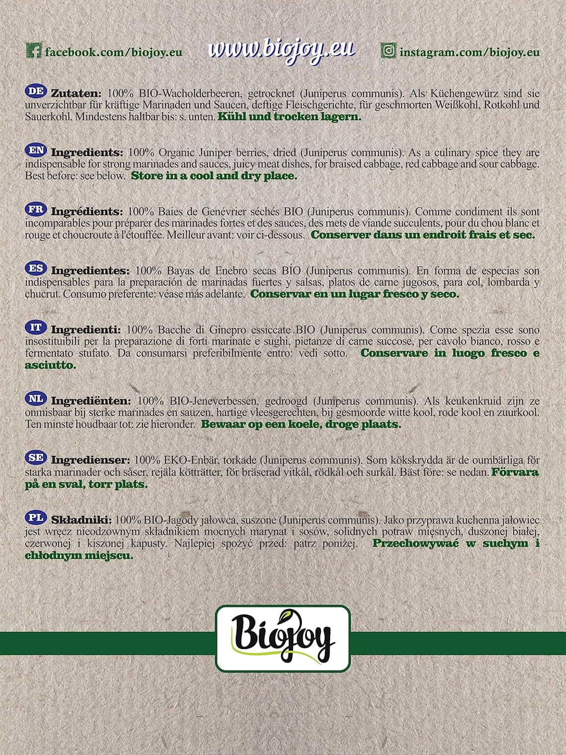 Biojoy fructe de ienupăr bio (250 g), uscate și întregi, fără aditivi (Juniperus communis) Produse deshidratate Naty Shop