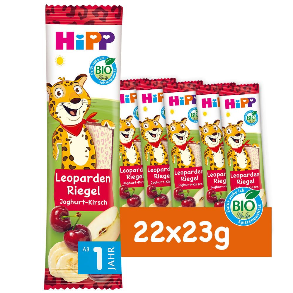 HiPP Batony Leopard z jogurtem i wiśniami w bananie (22 x 23g), od 1 roku, słodzone wyłącznie owocami, najlepszej jakości organicznej