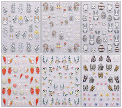 JMEOWIO 6 Blatt 3D Nagelsticker Ostern Nail Art Sticker Selbstklebend Nagelaufkleber 5D Stereoskopisch Süßer Hase Ei Dekoration Nageldesign Zubehör
