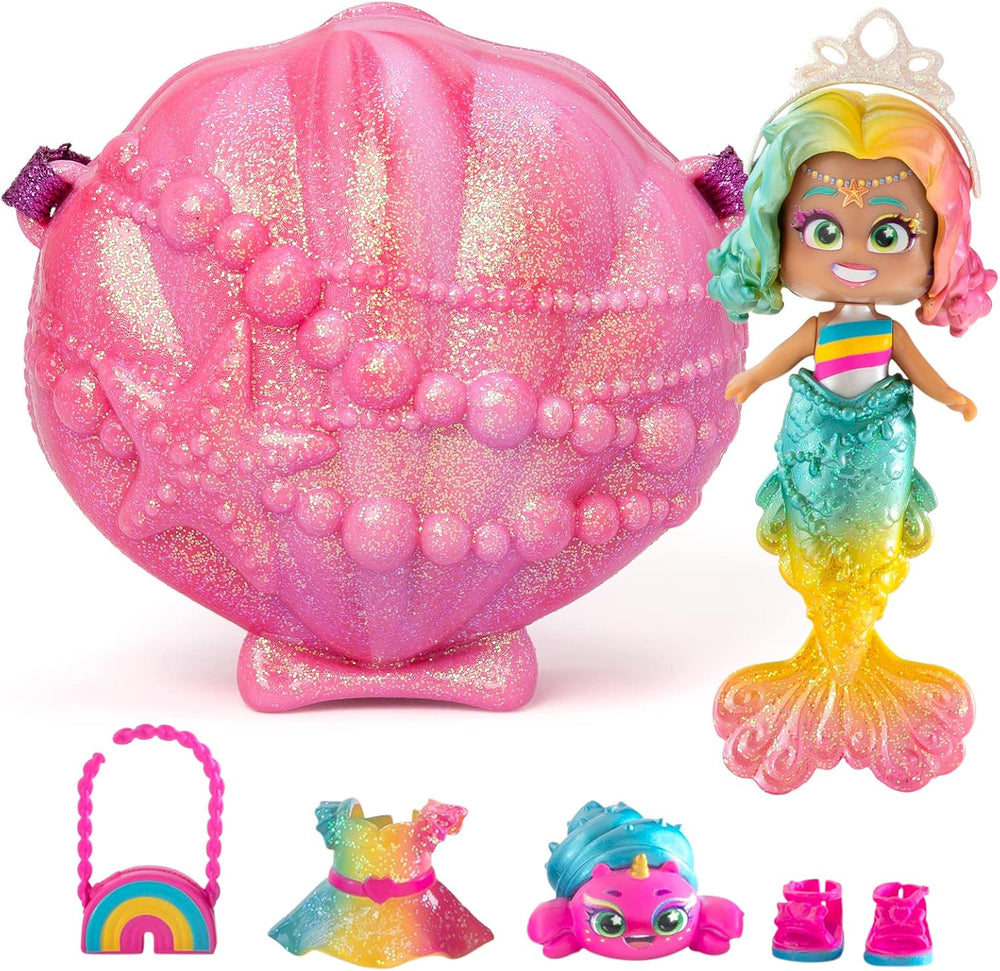 Syreny Coral Meerjungfrauen-Puppe mit 1 Muscheltasche, 1 Meerjungfrauenschwanz, 1 Haustier, Kleidung, Accessoires und Schuhe