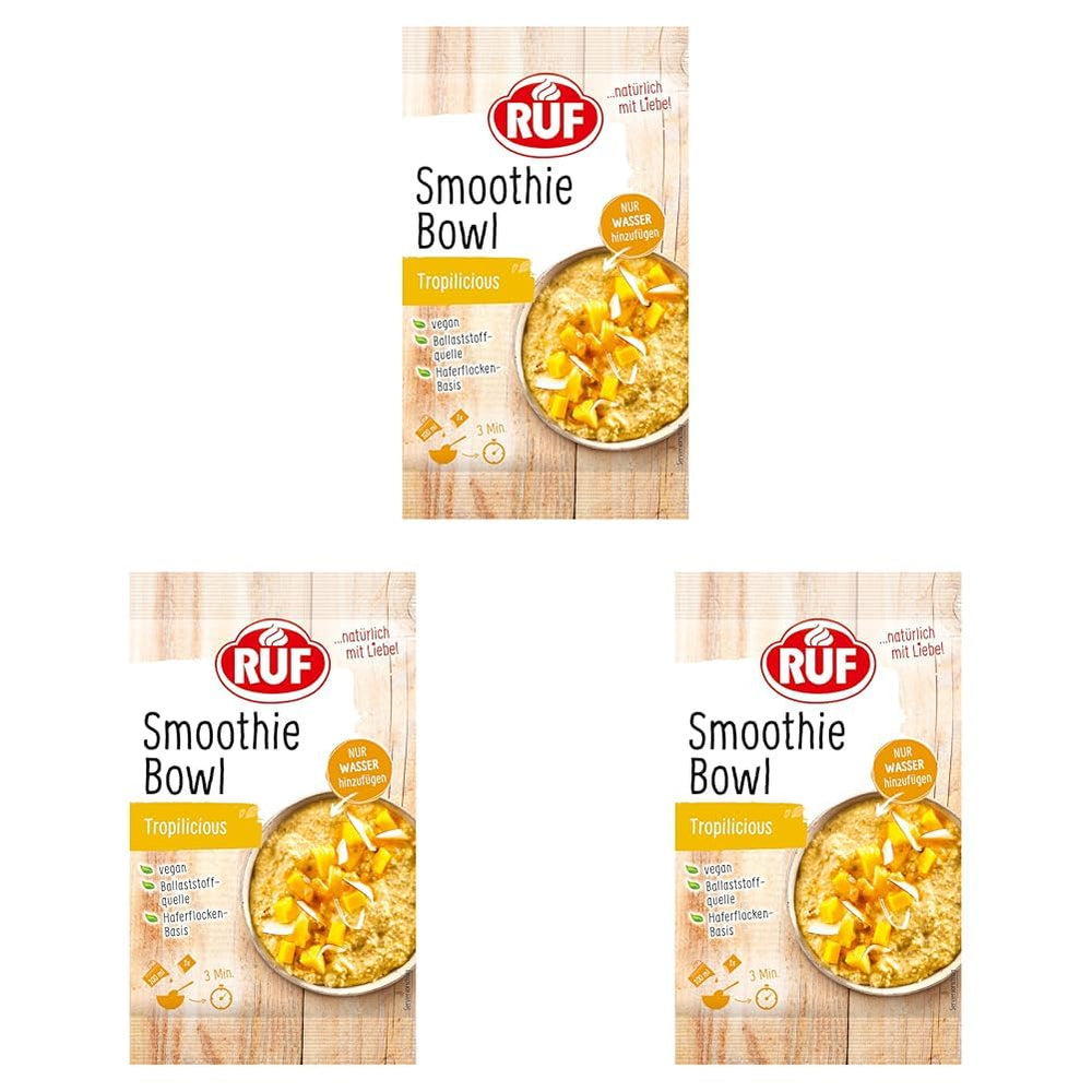 RUF Smoothie Bowl Tropilicious Mango Marakuja Przekąska śniadaniowa Owsianka Szybka i łatwa Wegańska 1 saszetka x 50g (zestaw 3 szt.)