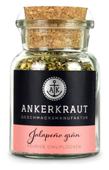 Ankerkraut Grüne Jalapeno, scharfe Chili, Chilis geschrotet, Finisher Scharf Würzen, Scharfes Essen Kochen, Highlight Chili con Carne, Fleisch, Kartoffeln, 45g w Korkenglas