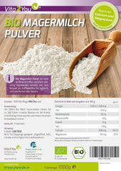 Vita2You Bio Odtłuszczone Mleko w Proszku 1000g - 100% Bio Qualität - do pieczenia - Kaffeeweißer - Milchpulver für Joghurts - 1kg - Premium Qualität