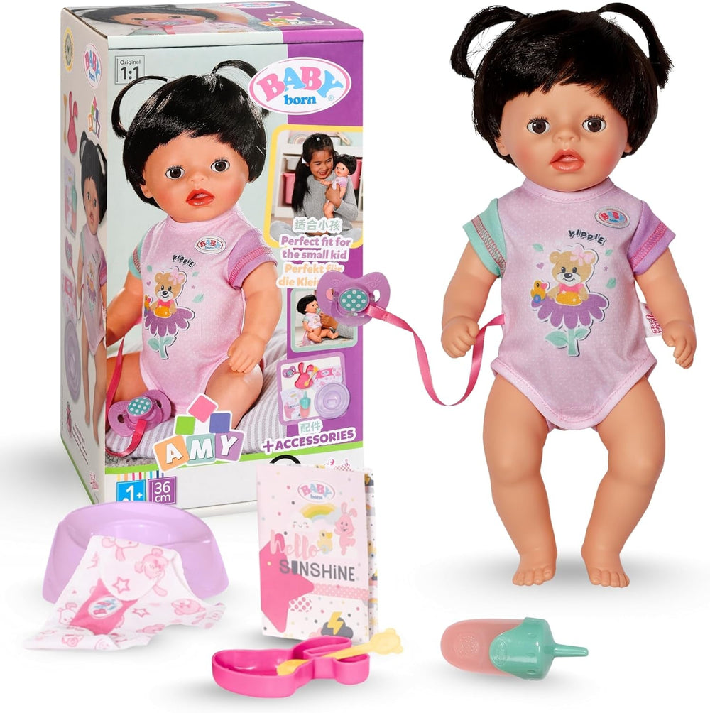 BABY Born Amy - Păpușă de 36 cm - Păpușă bebeluș cu 7 funcții pentru copii mici de la 1 an - Funcționează fără baterii - Include accesorii și saltea