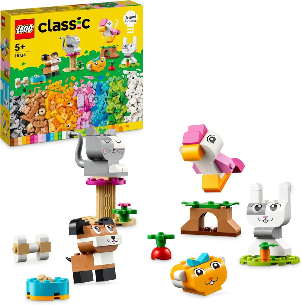 LEGO Classic Kreatywne zwierzęta Kolorowe klocki Pudełko do budowania Figurki zwierząt z klocków Pies, kot, królik, chomik i ptak Zabawka do budowania dla chłopców i dziewcząt w wieku 5 lat 11034 Zestawy do budowania Besuche den LEGO-Store Single