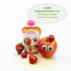 FRECHE FREUNDE Bio Quetschie Apple, Erdbeere, Himbeere mit Grieß, Fruchtmus mit Getreide in Quetschbeutel für Babies od 6. miesiąca, wegańskie, opakowanie 6er (6 x 100g)