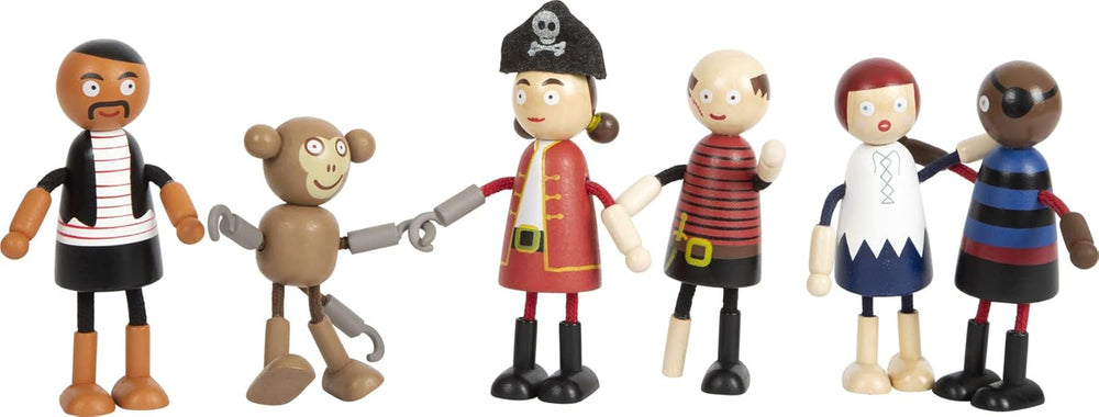 mała stopa Biegepuppen Piraten Figura aus Holz, 5 Piraten und 1 Affe, detalreich und flexibel, ab 3 Jahren, 12412