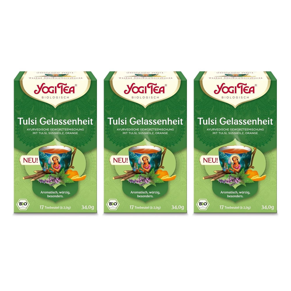 Yogi Tea - Tulsi Serenity, ceai ayurvedic din plante bio, fără cofeină din natură, amestec de tulsi - busuioc „sfânt”, lemn dulce și portocală, Yogi Tea pachet de 3, 3X17 pliculețe (51 pliculețe de ceai)