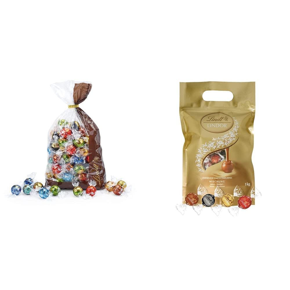 Asortyment Lindt Czekolada LINDOR | 1371 g, Klasyczny | ok. 80 kulek czekolady (mleczna, biała, gorzka 60%, orzechowa) | Opakowanie zbiorcze, 1 kg