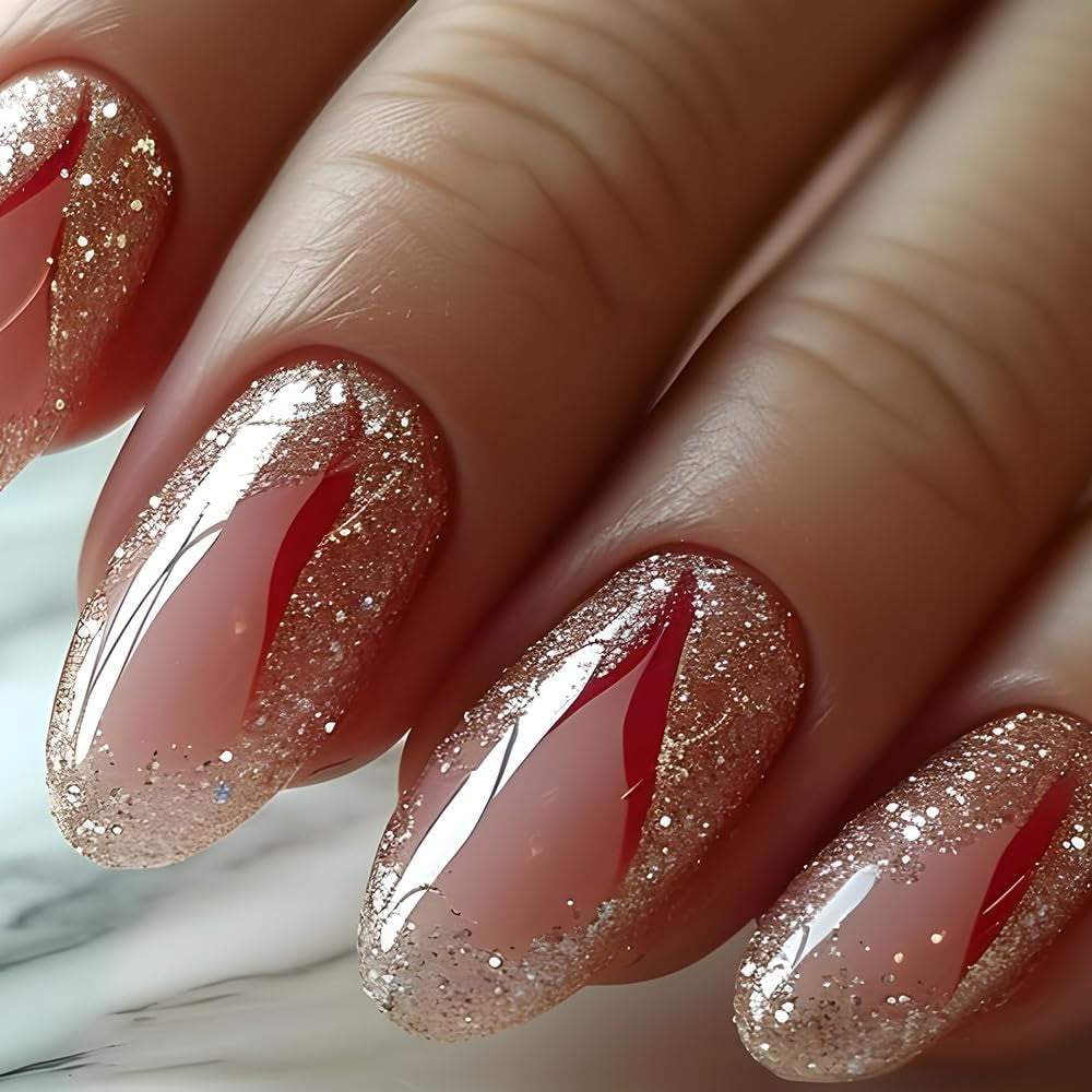 24 buc unghii scurte cu presă pe unghii artificiale cu sclipici auriu pentru lipire pe unghii adezive roșii cu vârtej set unghii acrilice accesorii pentru femei