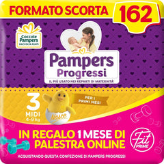 Pieluchy Pampers Progressi & Fit Prime Midi, krótki format, 162 pieluszki, rozmiar 3 (4-9 kg), członkostwo online na siłowni na 1 miesiąc w prezencie