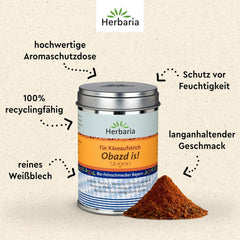 Herbaria Obazd jest! bio 90g M-Dose – Bio-Gewürzmischung bayerischen Biergartenklassiker Obazda – dla Brotaufstriche, Käsegerichte, Käsefondue – Raclette Gewürz - w nachhaltiger Aromaschutz-Dose