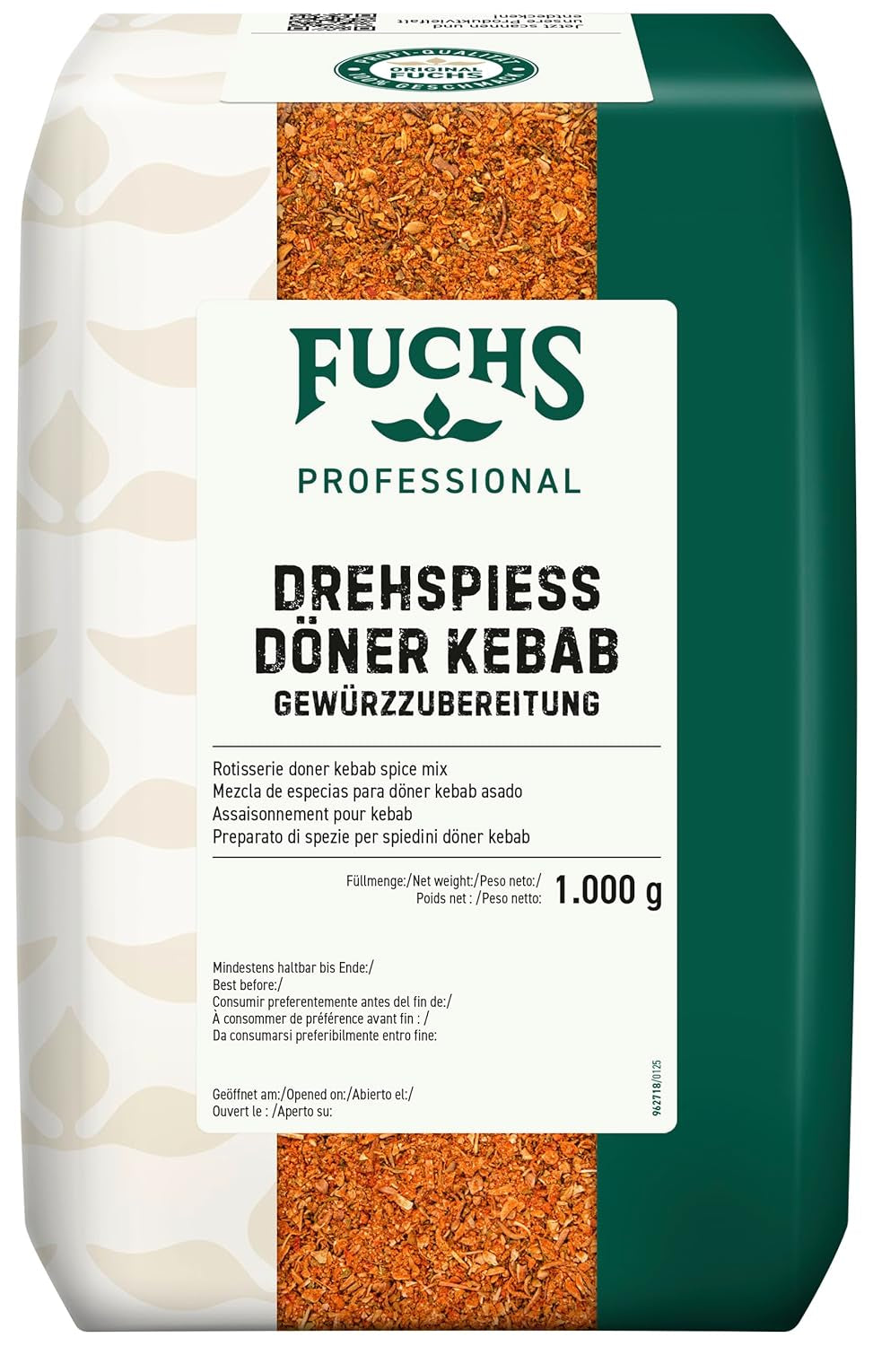 Fuchs Professional - Drehspiess Döner Kebab Gewürzzubereitung | Gewürz für den typischen-Döner Gesmack | Profi-Qualität für Großverbraucher und Gastronomie | Worek 1 kg nadający się do recyklingu