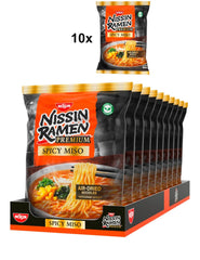 Nissin Ramen Premium - Miso Spicy 10 sztuk makaronu instant suszonego na powietrzu w stylu japońskim do ramenu „w stylu restauracyjnym” o lekko pikantnym smaku płatków miso i wakame (10 x 90,7g)