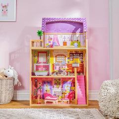 Drewniany domek dla lalek Kidkraft Kayla z meblami i akcesoriami, 3-poziomowy zestaw dla lalek 30 cm, zabawka dla 3 lat, 65092 — wyłącznie w sklepie Amazon Dollhouses Naty Shop