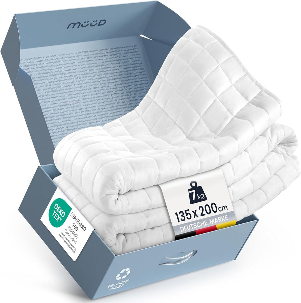 Koc terapeutyczny 7 kg I 135X200Cm I Zapewnia spokojny sen I Wysokiej jakości koc obciążeniowy wykonany z oddychającej bawełny I Odprężający i terapeutyczny - W zestawie pudełko do pakowania z uchwytem do przenoszenia Łóżka i koce Besuche den müüd-Store 135 X 200 Cm 7,0 Kilogramy
